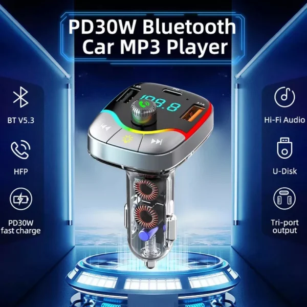 PD 30W Tri Port Bluetooth FM Transmitter Car Charger