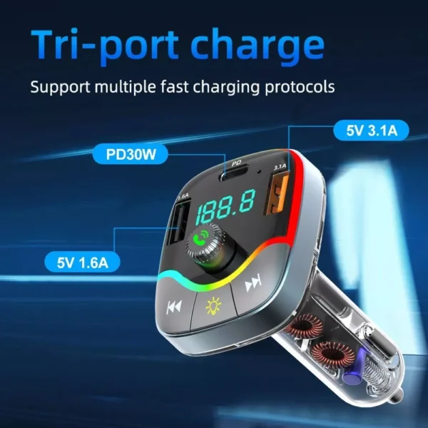 PD 30W Tri Port Bluetooth FM Transmitter Car Charger