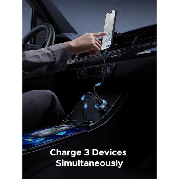 30W 3 Port USB C and USB A Fast Car Charger with LED Light