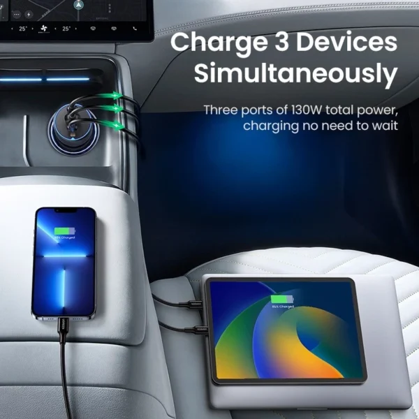 130W 3 Port USB C and USB A Fast Car Charger