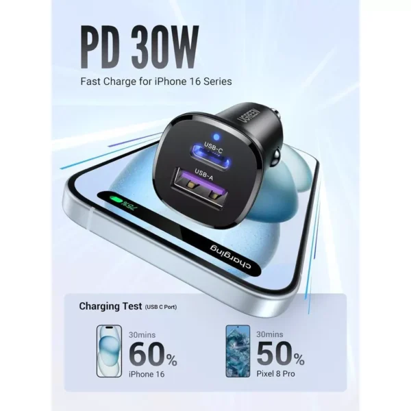 30W Dual Port USB C and USB A Fast Car Charger