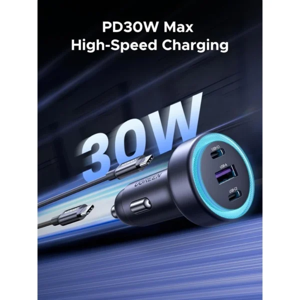 30W 3 Port USB C and USB A Fast Car Charger with LED Light