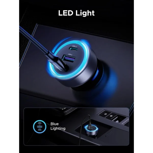 30W 3 Port USB C and USB A Fast Car Charger with LED Light