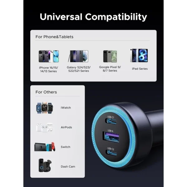 30W 3 Port USB C and USB A Fast Car Charger with LED Light
