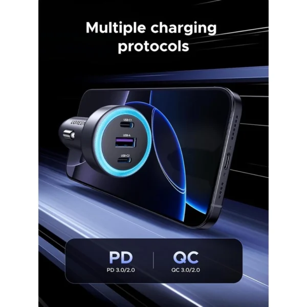 30W 3 Port USB C and USB A Fast Car Charger with LED Light